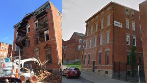 View of 1706 Lang before and after stabilization. In the before, part of the roof and brick facade have collapsed onto the street. In the after the roof is repaired and the brick has been replaced.