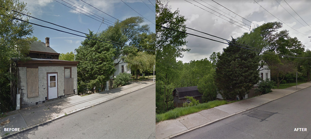 1999 Harrison Property on Harrison Avenue in South Fairmount showing before a dilapidated, boarded up structure, and after a green space.