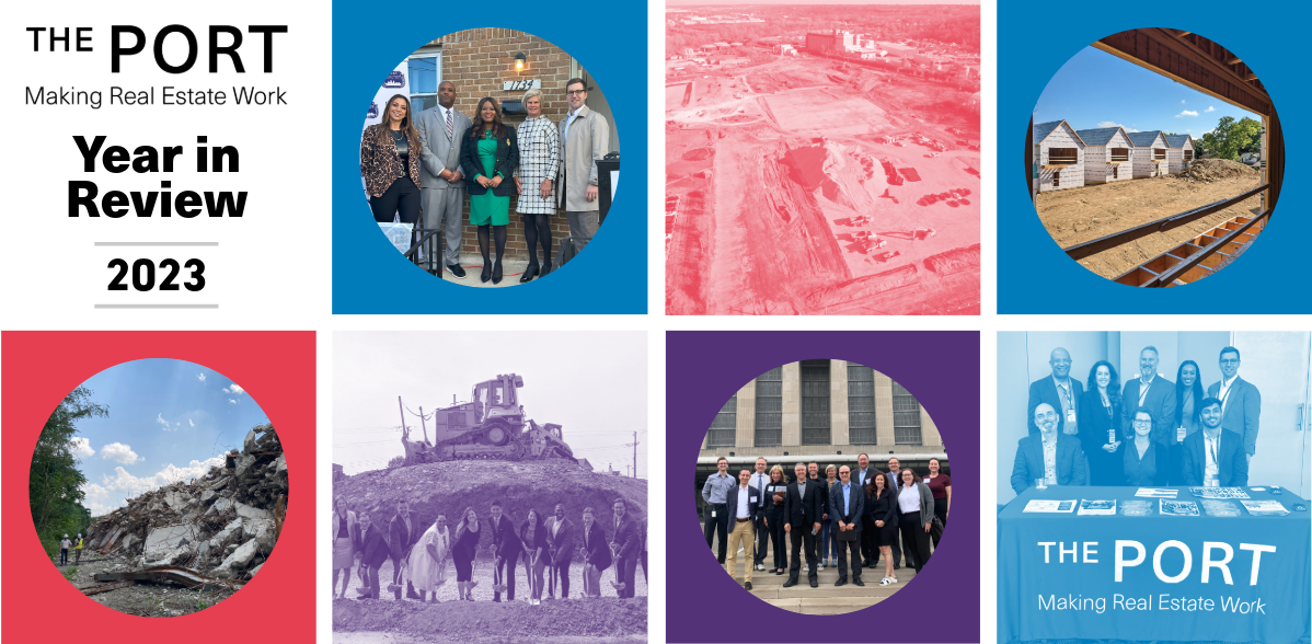 2022 Year in Review Graphic Collage of photos including people at ribbon cuttings and groundbreakings, construction in progress, and homes being built. Titled The Port Year in Review 2023.