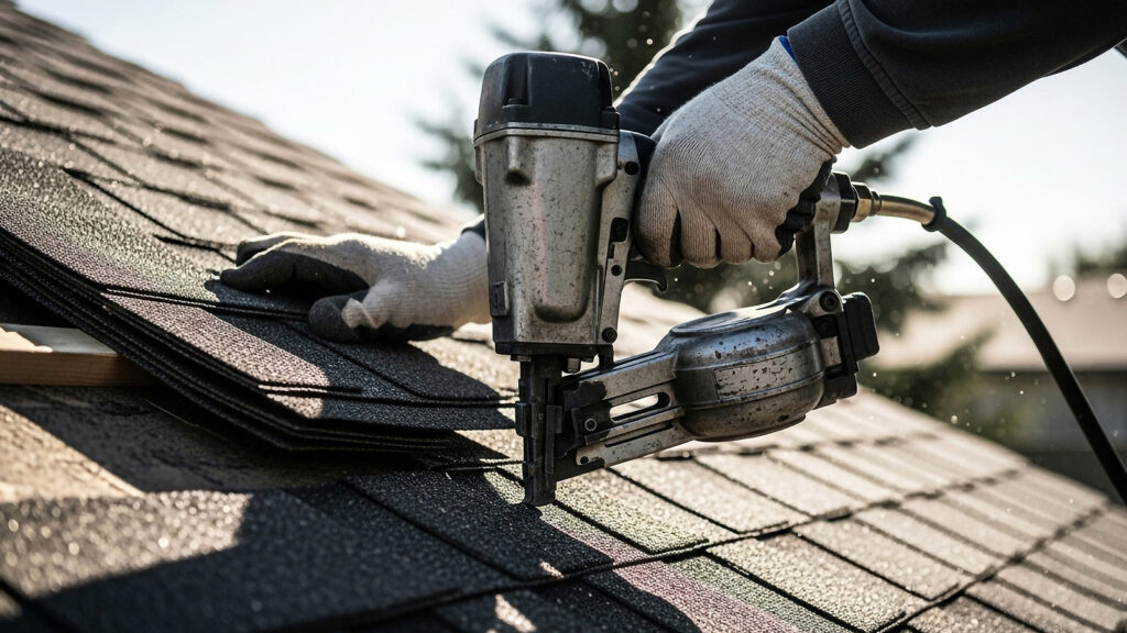A roofer using a nail gun to install shingles on a roof, showcas