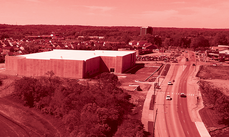 Features Stories - Homepage 2249 Aerial view of new speculative industrial building being built on the site of the former Cincinnati Gardens