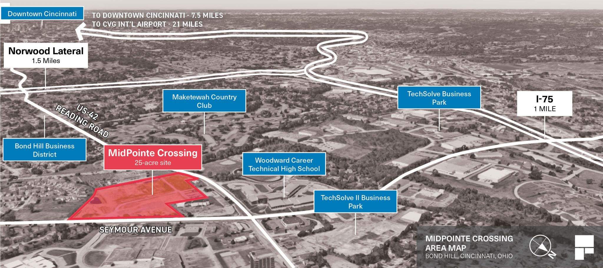 Vicinity map of MidPointe Crossing including nearby interstates and highways, community institutions, and downtown Cincinnati.