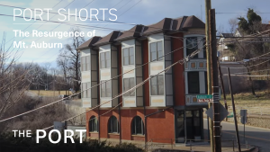 Video title - showing Flatiron Building in background - Port Shorts: The Resurgence of Mt. Auburn, Port Logo